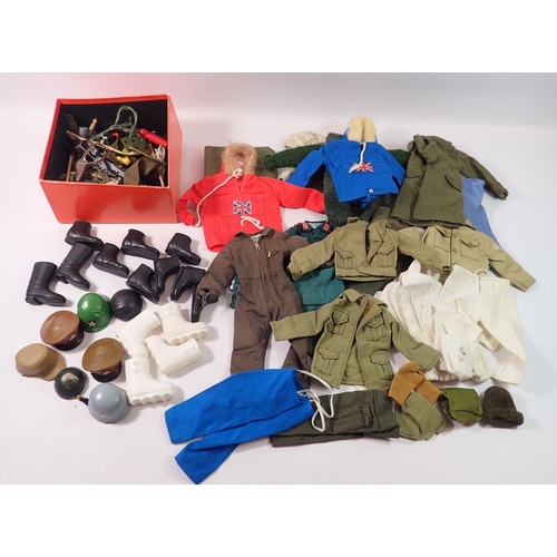 817 - A group of vintage Palitoy Action Man clothing and accessories inlcuding red and blue parkas, flight... 