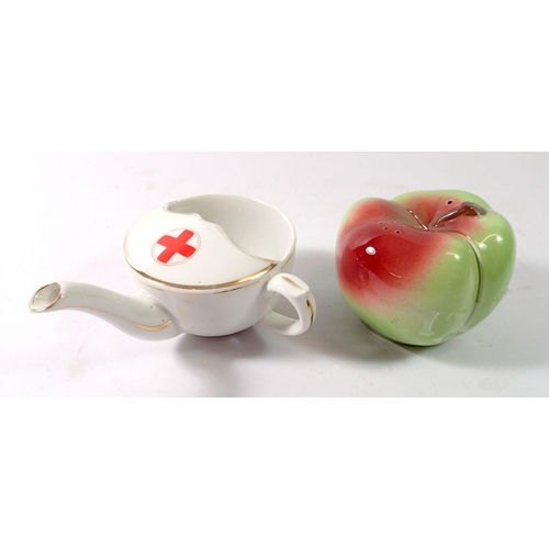 92 - A WWI Red Cross invalid cup and a novelty apple cruet