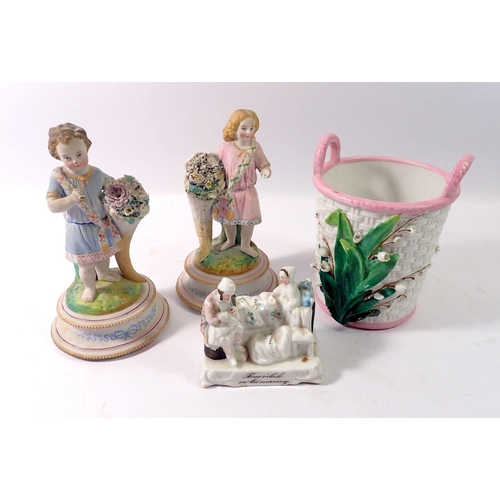 95 - Two continental bisque cherub figures, 15.5cm and a fairing group plus Victorian Lily of the Valley ... 