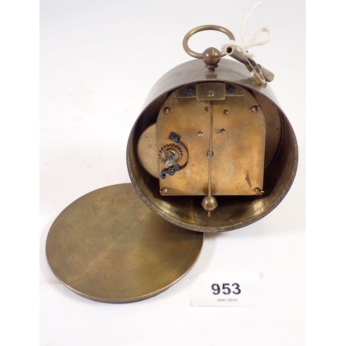 953 - A brass cased drum clock, 10cm diameter