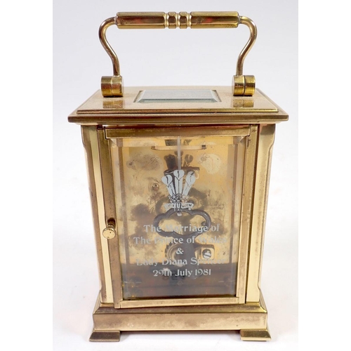 954 - A brass carriage clock by Shortland Bowen for the Royal Wedding 1981 with key