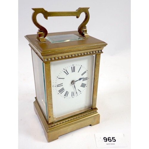 965 - A 19th century French brass carriage clock with travelling case and key, 12.5cm