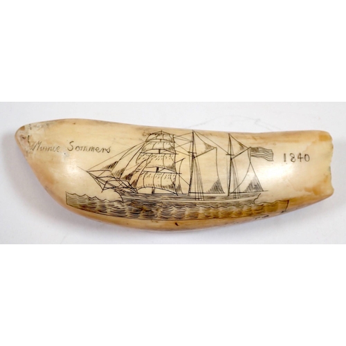 980 - A whales tooth scrimshaw sailing ship decoration, 11cm long