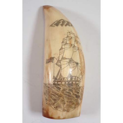 982 - A whales tooth scrimshaw sailing ship decoration, 12cm long