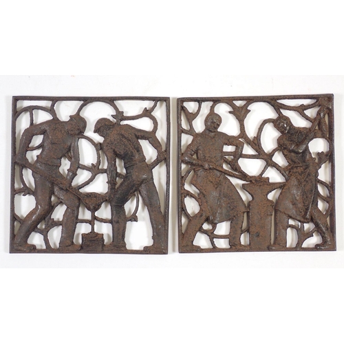 984 - Two iron wall plaques decorated Blacksmiths and Steel Works, 14.5cm square