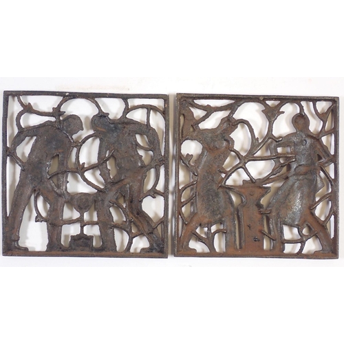 984 - Two iron wall plaques decorated Blacksmiths and Steel Works, 14.5cm square