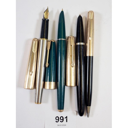 991 - Two Parker fountain pens and a Parker pen/pencil and one other pen