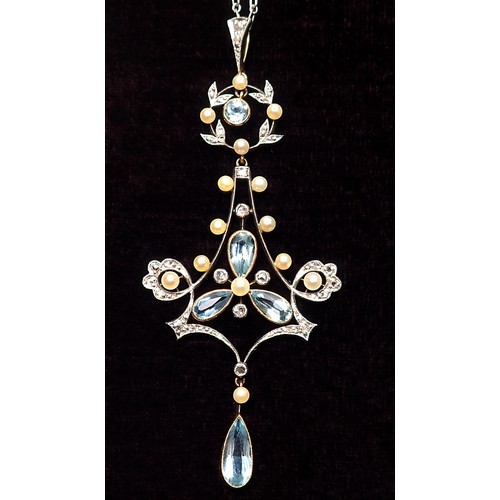 393 - An Edwardian fine aquamarine, diamond and pearl set pendant necklace on chain, 6.5g, 6.5cm drop on o... 