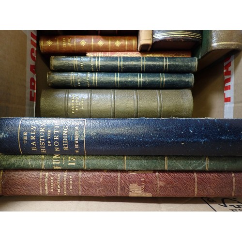 857 - A box of antique books with leather bindings