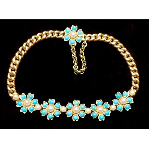 392 - An Edwardian 18ct gold turquoise and pearl bracelet, with five flower head form clusters and clasp o... 