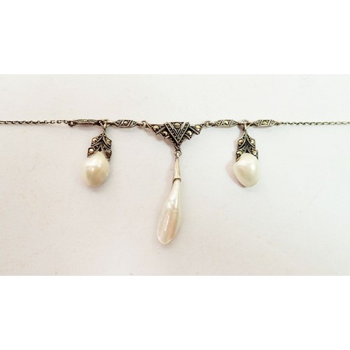 446 - An Art Deco silver marcasite necklace set three freshwater pearl drops, plus a yellow metal and pear... 