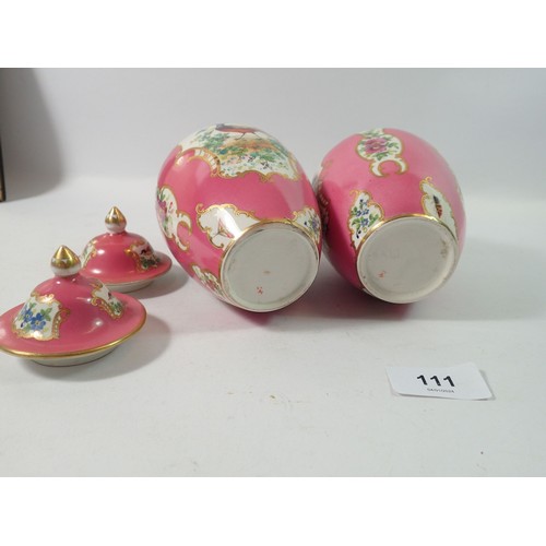 111 - A pair of Sevres style small porcelain vases and covers painted exotic birds, 17cm tall