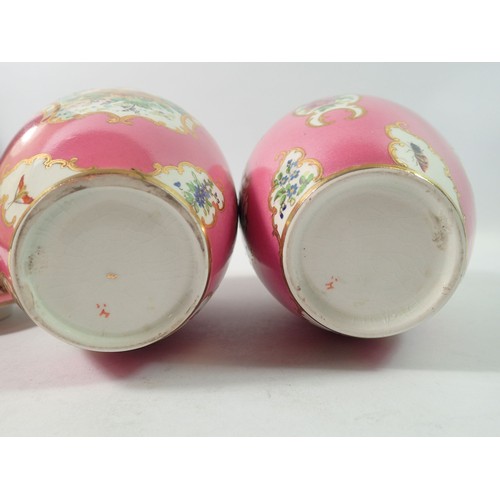 111 - A pair of Sevres style small porcelain vases and covers painted exotic birds, 17cm tall