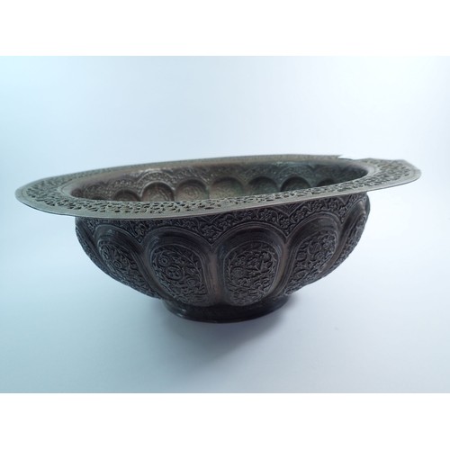 1252 - A large Indian copper brazier bowl with pierced rim and cast floral decoration, 40.5cm diameter