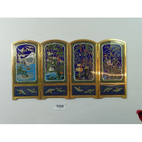 1335 - A fine quality Japanese brass and cloisonné enamel four fold miniature screen decorated landscapes, ... 