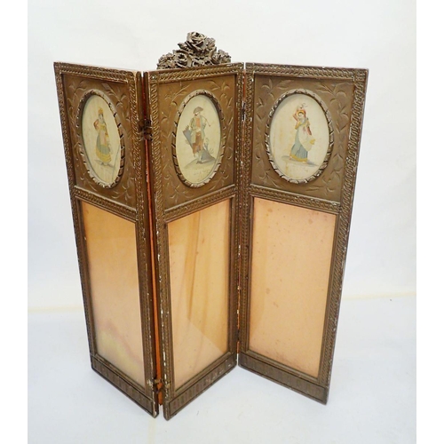 1004 - A gilt framed three fold screen painted Indian panels, 124cm tall