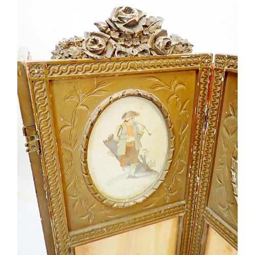 1004 - A gilt framed three fold screen painted Indian panels, 124cm tall