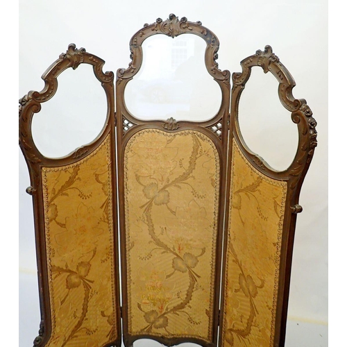 1007 - A French carved & painted wood framed glass and fabric folding screen, 163cm tall