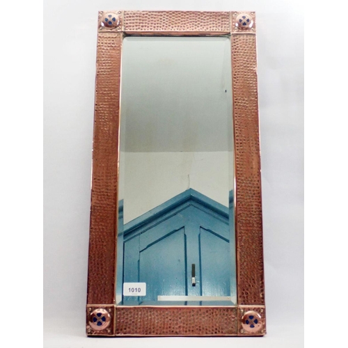 1010 - A Liberty style Arts & Crafts hammered copper framed rectangular mirror inset blue Ruskin style roun... 