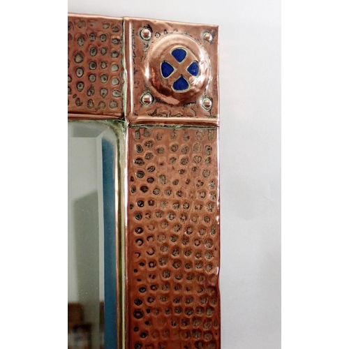 1010 - A Liberty style Arts & Crafts hammered copper framed rectangular mirror inset blue Ruskin style roun... 