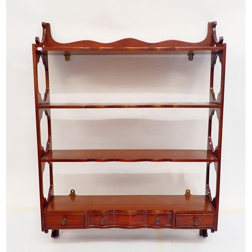 1011 - An Edwardian mahogany set of open wall shelves with drawer to base, 90 x 69cm