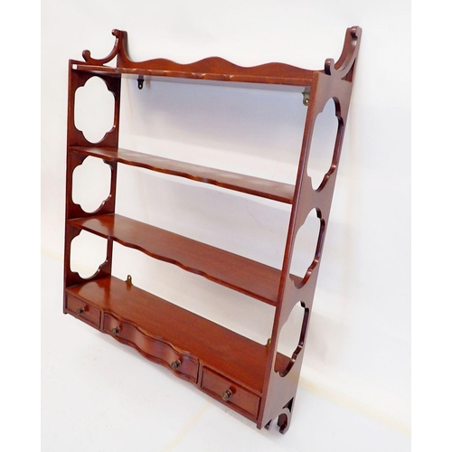 1011 - An Edwardian mahogany set of open wall shelves with drawer to base, 90 x 69cm