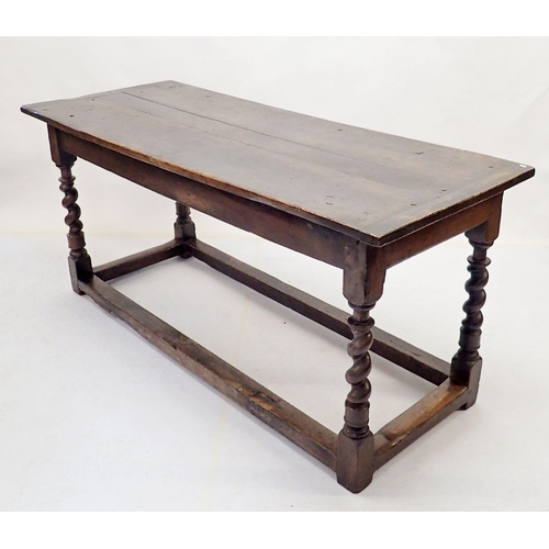 1014 - A 17th century small refectory dining table on spiral turned supports united by low stretchers -  al... 