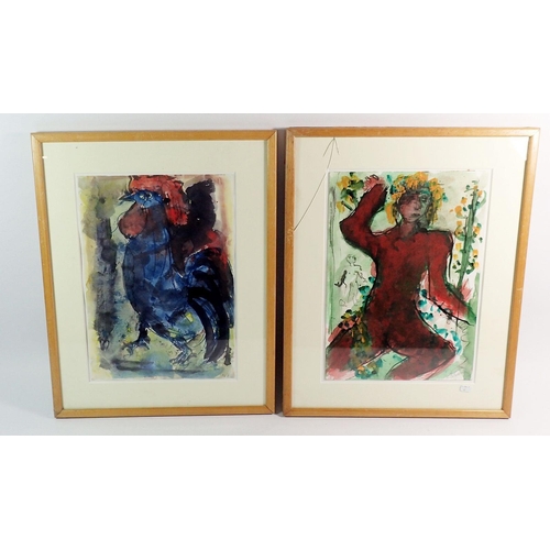 1022 - Nan Frankel (Cornish 1921-2000) - pair of signed watercolours, figure of a cockerel, 30 x 21cm