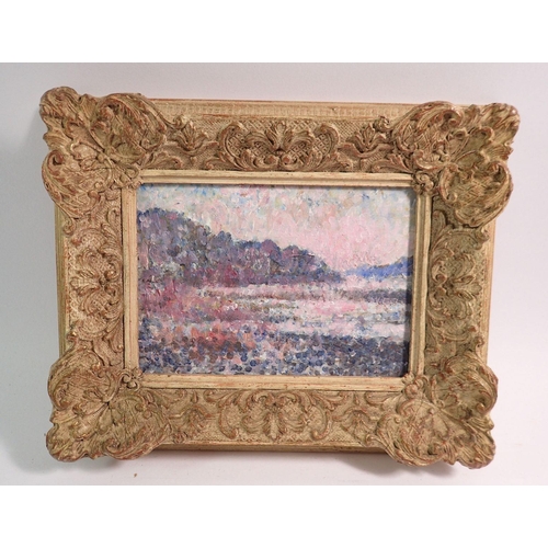 1023 - A Welsh pointillist oil on board landscape, inscribed Glandyfi to verso, unsigned, 11 x 16cm