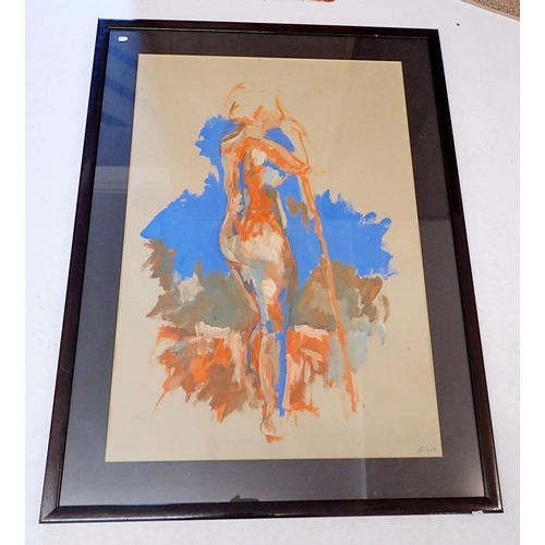 1025 - A watercolour nude in blue and orange, 74 x 50cm