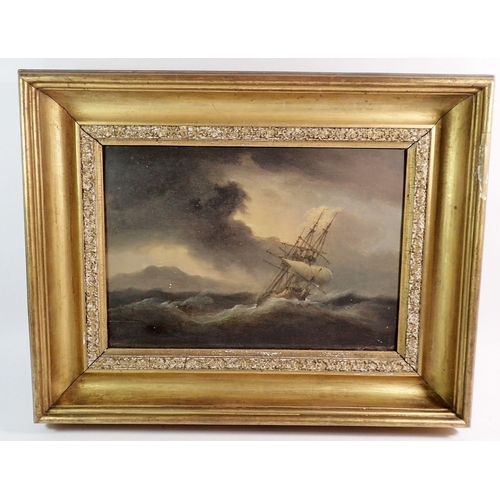 1041 - A 19th century oil on panel marine scene with three masted sailing ship on rough seas, 24 x 35cm