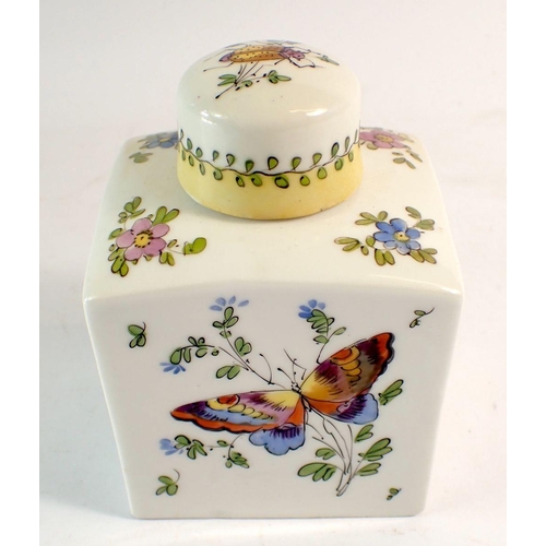 105 - A porcelain tea caddy painted exotic bird and insects, monogram to base, 12cm tall