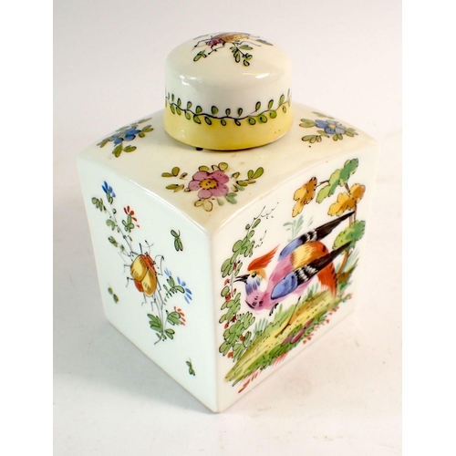 105 - A porcelain tea caddy painted exotic bird and insects, monogram to base, 12cm tall