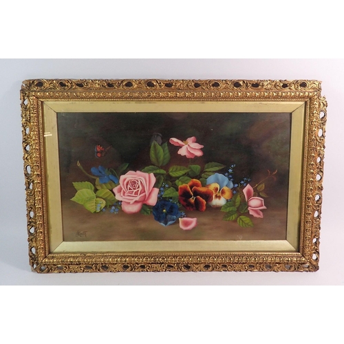 1051 - L Smith - early 20th century oil still life flowers, under glass, 25.5 x 45cm