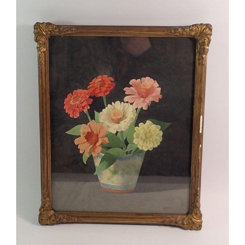 1052 - Maurice P Taylor - watercolour still life of zinnias in pot, 34 x 27cm