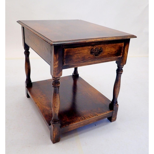 1059 - An oak two tier occasional table on turned supports with drawer, 60 x 50cm