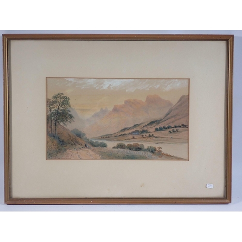 1062 - W Hendon - watercolour river landscape with mountains, 19 x 33cm