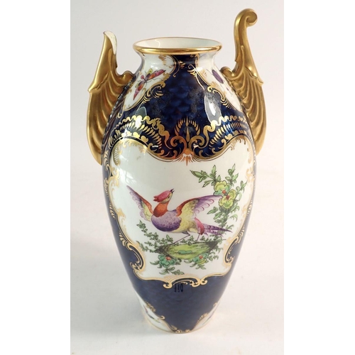 110 - A Grainger & Co two handled vase painted reserves of exotic birds and insects on a scale blue ground... 