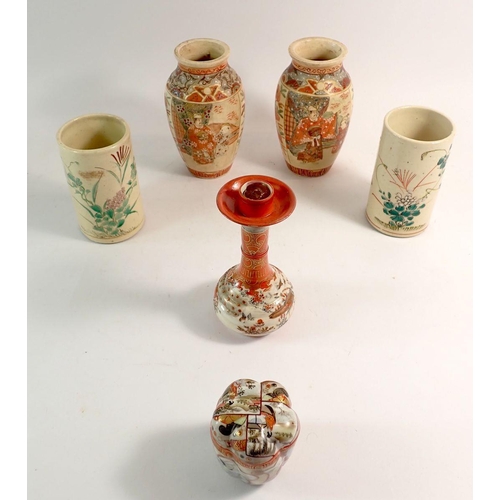 119 - Two pairs of Japanese Satsuma vases and a Kutani box and candlestick, tallest 15.5cm