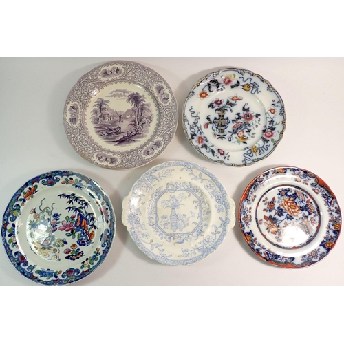 123 - Four Victorian Ironstone plates by Ridgeways, Davenport and Masons and a blue and white plate