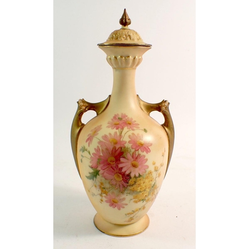 137 - A Royal Worcester two handled vase and cover painted flowers on ivory blush ground 2159, 26cn (lid m... 