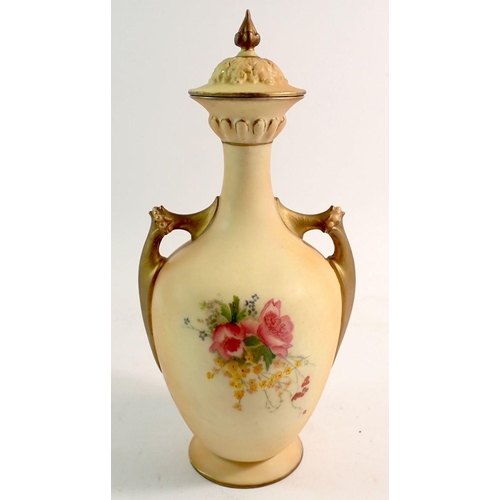 137 - A Royal Worcester two handled vase and cover painted flowers on ivory blush ground 2159, 26cn (lid m... 