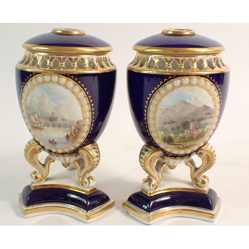 139 - A pair of Grainger & Co pot pourri vases and covers painted Malvern Abbey and Worcester river scene,... 