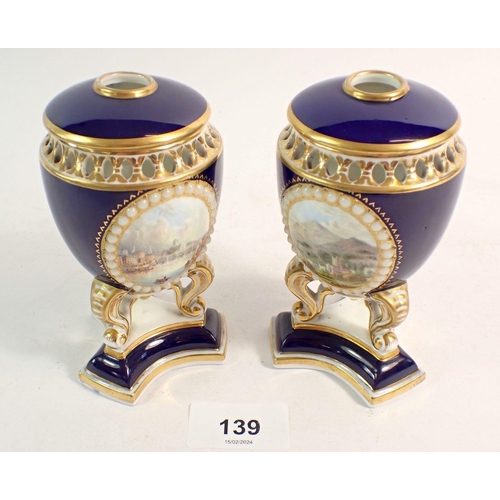 139 - A pair of Grainger & Co pot pourri vases and covers painted Malvern Abbey and Worcester river scene,... 