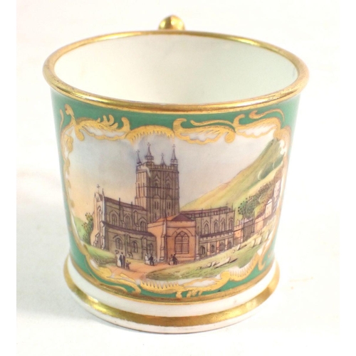 141 - A Chamberlains Worcester miniature cup painted Malvern Abbey Church on an apple green ground, 4.2cm ... 