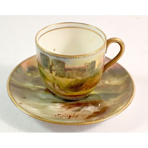 143 - A Royal Doulton small cabinet cup and saucer painted Rhuddlan Castle, signed John Hughes - saucer a/... 