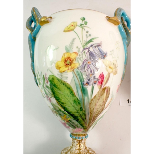 147 - A pair of Royal Worcester pot pourri vases and covers, the pierced foliage covers with flower bud fi... 