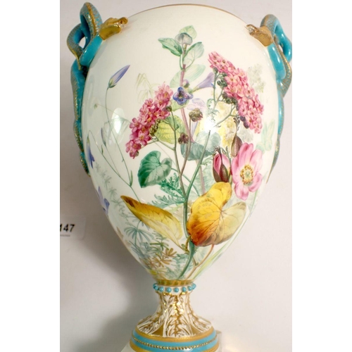 147 - A pair of Royal Worcester pot pourri vases and covers, the pierced foliage covers with flower bud fi... 