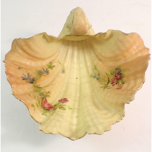 148 - A Royal Worcester shell form dish painted sprays of flowers on ivory blush ground G971, 20 x 18cm