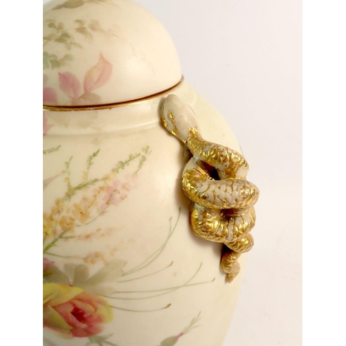 149 - A Grainger & Co Worcester large vase and cover painted roses with gilt coiled serpents to shoulders,... 